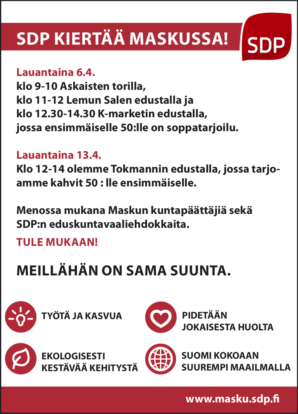 SDP kiertää Maskussa eduskuntavaalien merkeissä